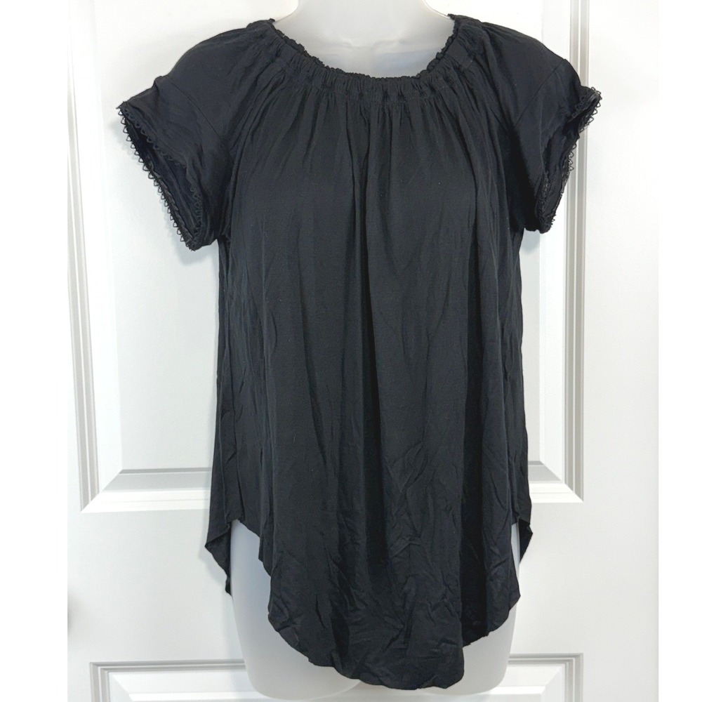 NEW Grey State Womens 0 Black Boho‎ Blouse Crochet Ruffle Cottagecore Top